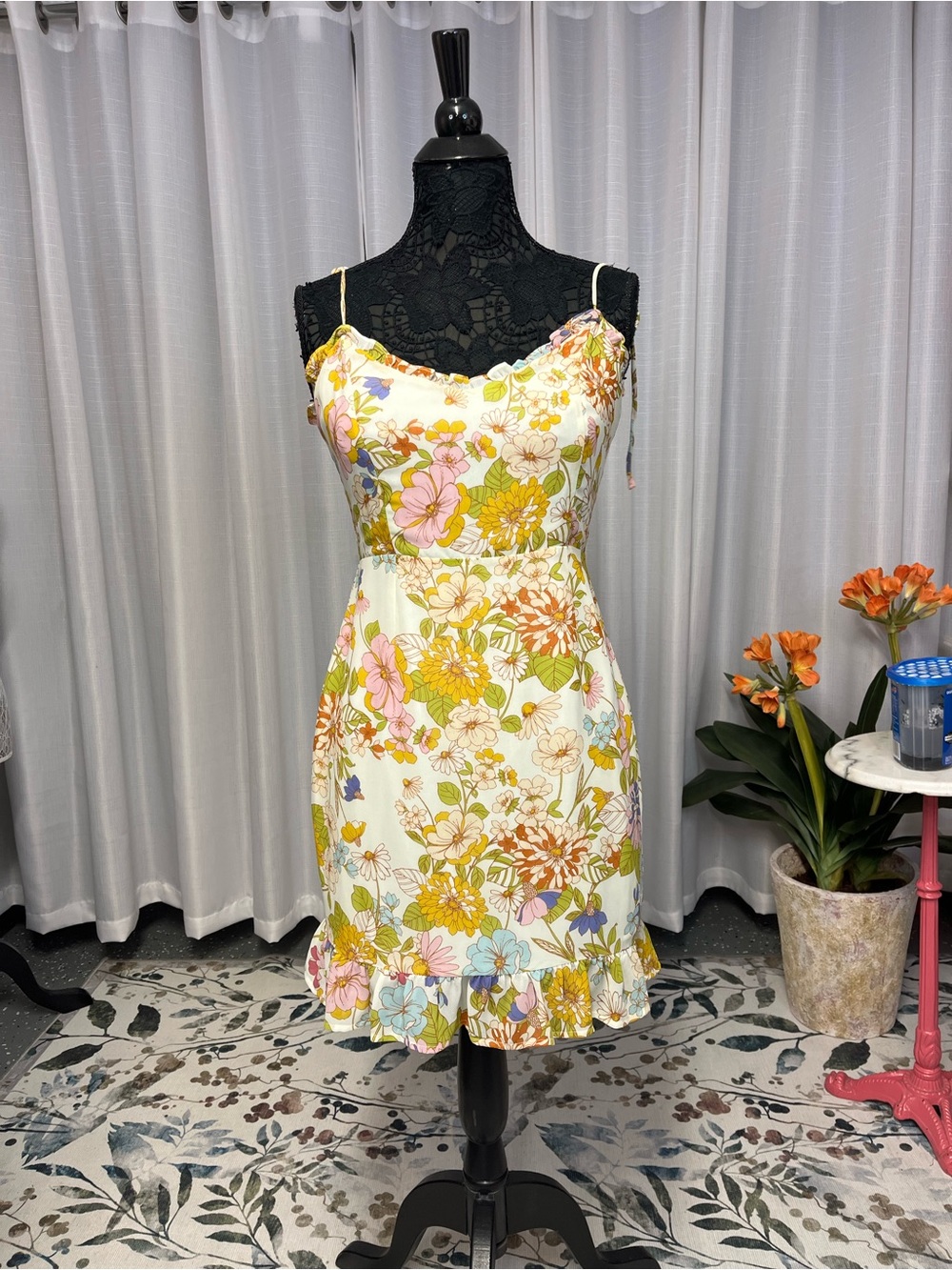 Sugarlips White Floral Mini Dress with Pastel Pink Yellow Green Accents